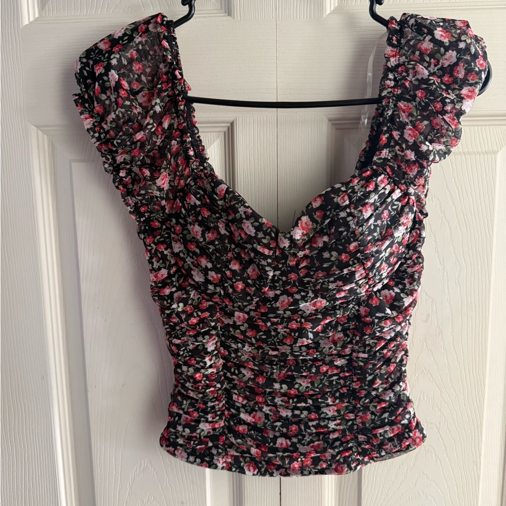 Moa Moa Vintage Inspired Style Ruched Floral Bustier Top With Cap Sleeves Size M